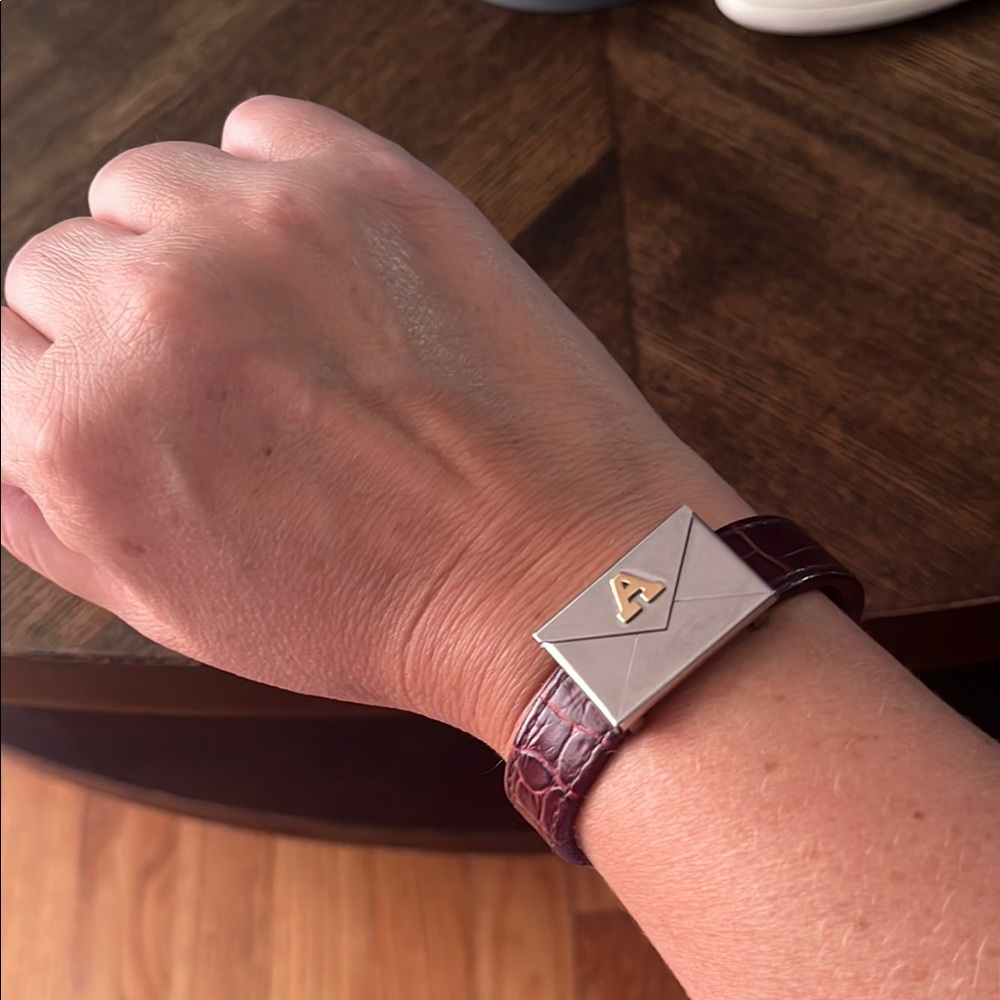 Brown Leather Bracelet with Silver Envelope & hidden message Gold “A” Accent